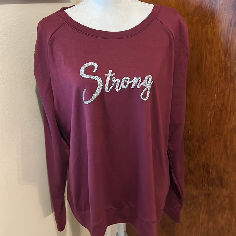 Lane Bryant “Strong” long ruched sleeve. Size 18 /  20 Sparkle, Bling. Burgundy